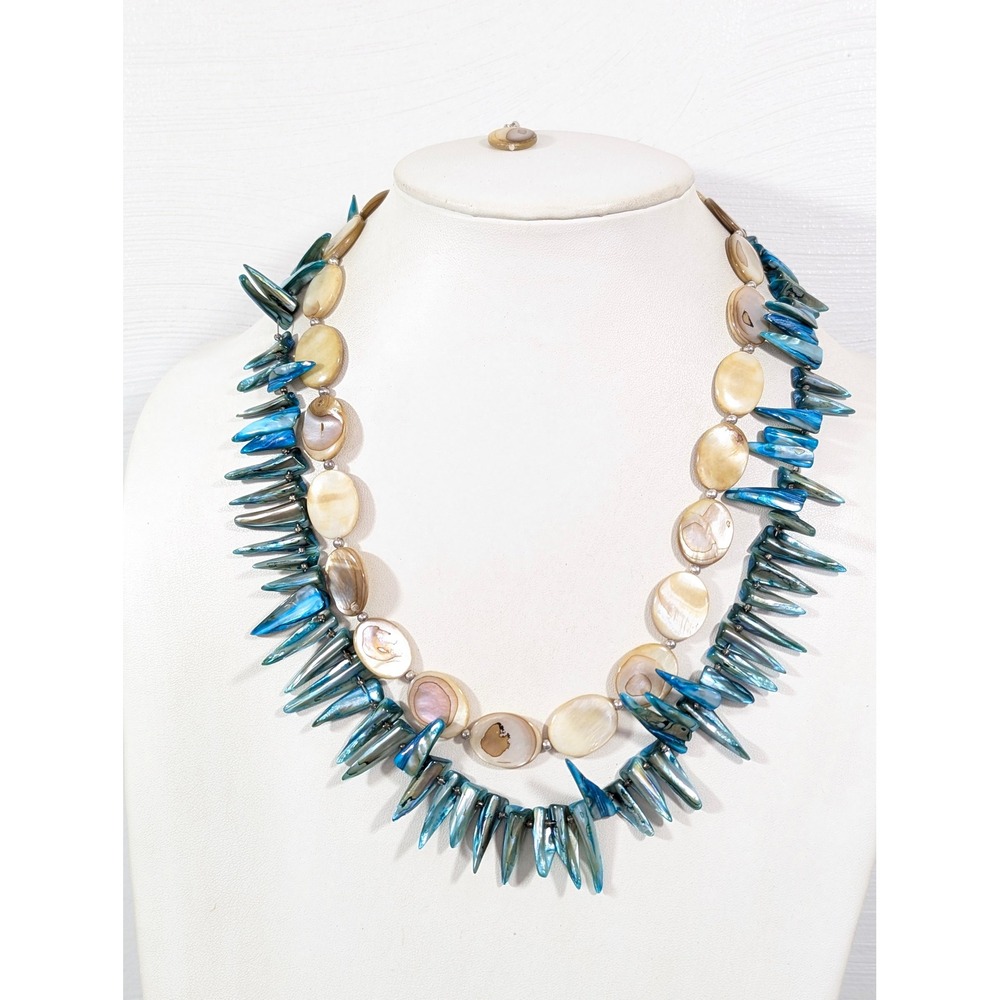 Artisan Faux Turquoise Shell Fringe Necklace 24" Boho‎ Coastal Statement
